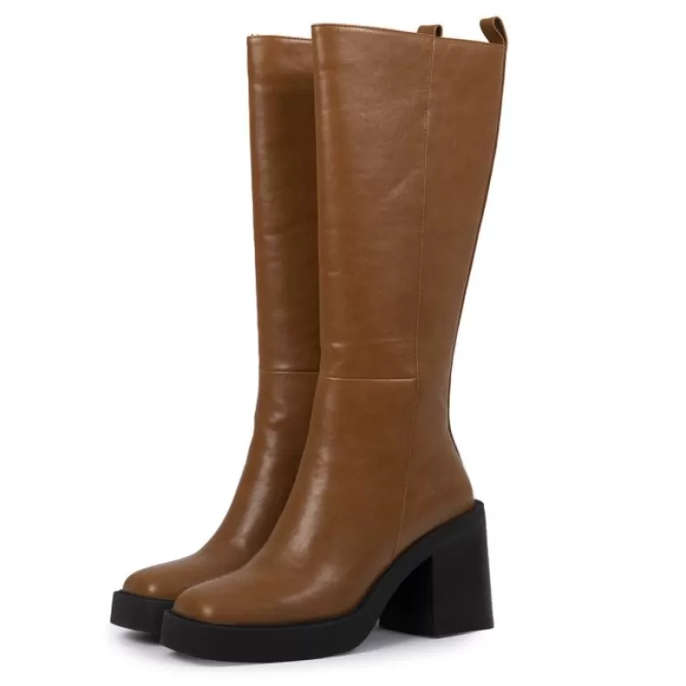 Gioseppo Boots & Ankle Boots*Bota Color Cuero Alta Lisa De Punta Cuadrada Con Plataforma Gruesa Y Tacon Ancho Para Mujer Goeblange