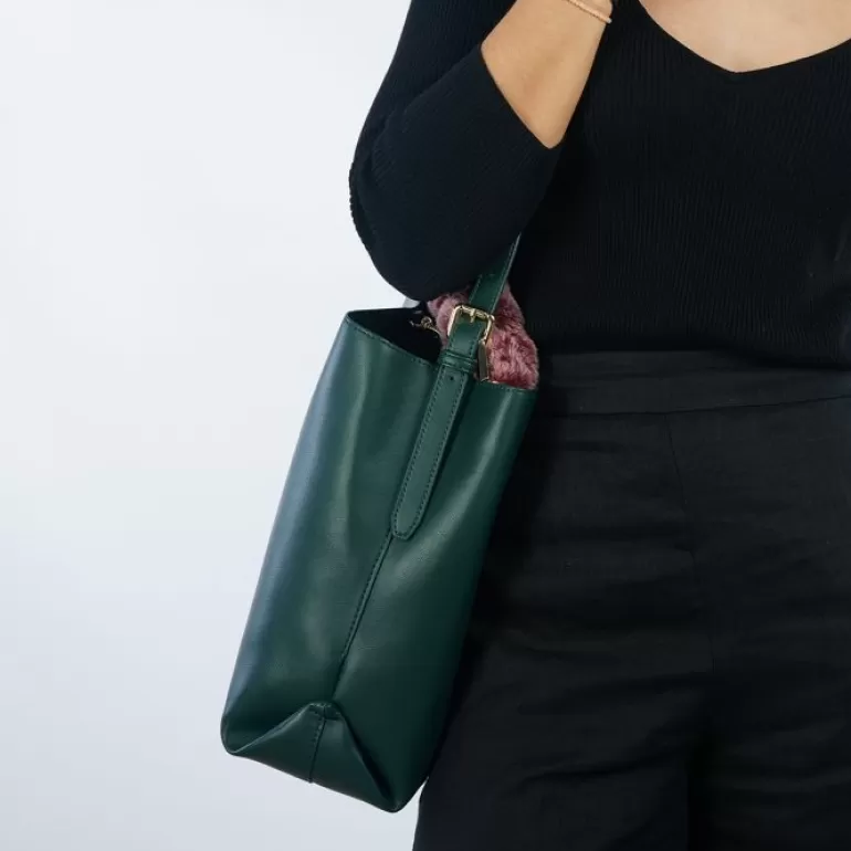 Gioseppo Shoulder Bags*Hecla Green Shopper Bag With A Furry Handle