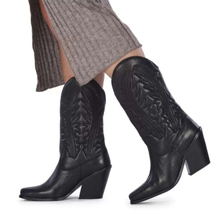 Gioseppo Boots & Ankle Boots*Herlev Women'S Black Leather Cowboy Boots With Embroidered Details