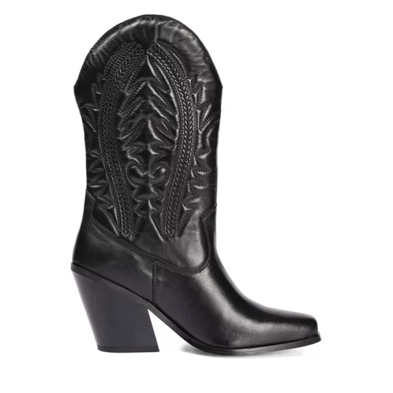 Gioseppo Boots & Ankle Boots*Herlev Women'S Black Leather Cowboy Boots With Embroidered Details