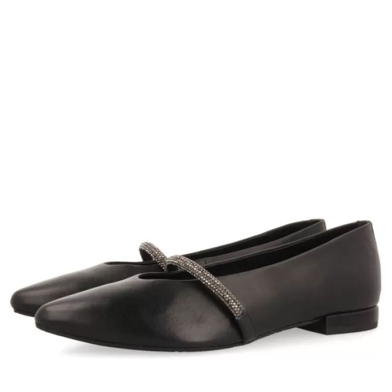 Gioseppo Ballet Pumps*Lamlash Women'S Black Leather Ballet Flats With A Rhinestone Strap