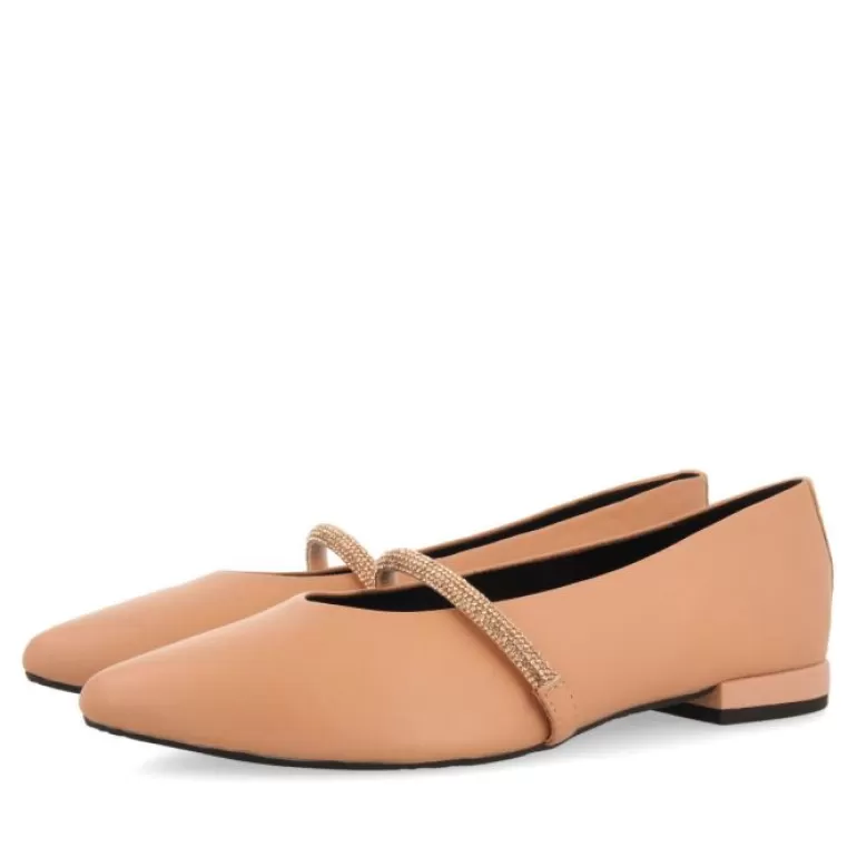 Gioseppo Ballet Pumps*Lamlash Women'S Nude Leather Ballet Flats With A Rhinestone Strap