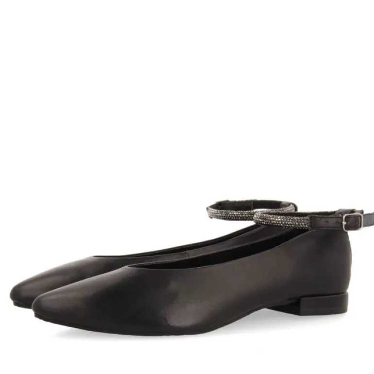 Gioseppo Ballet Pumps*Menno Women'S Black Leather Ballet Flats With A Rhinestone Strap