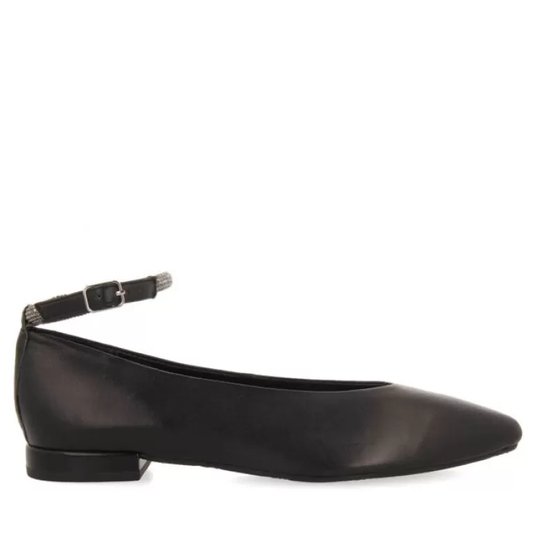 Gioseppo Ballet Pumps*Menno Women'S Black Leather Ballet Flats With A Rhinestone Strap
