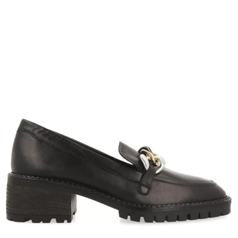 Gioseppo Loafers*Viena Women'S Black Leather Moccasins With Decorative Multicoloured Chain