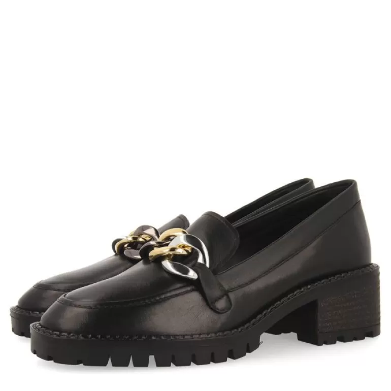 Gioseppo Loafers*Viena Women'S Black Leather Moccasins With Decorative Multicoloured Chain