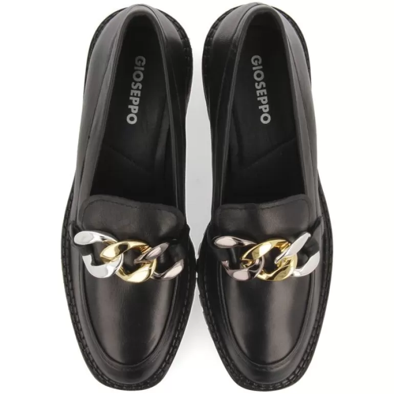 Gioseppo Loafers*Viena Women'S Black Leather Moccasins With Decorative Multicoloured Chain