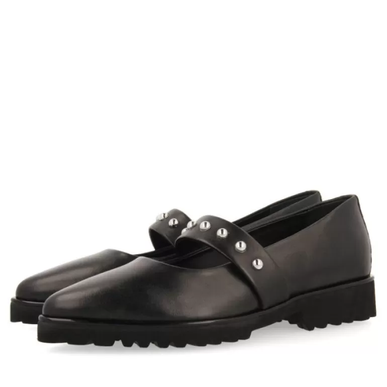 Gioseppo Ballet Pumps*Waldegg Women'S Black Leather Ballet Flats With A Studded Strap