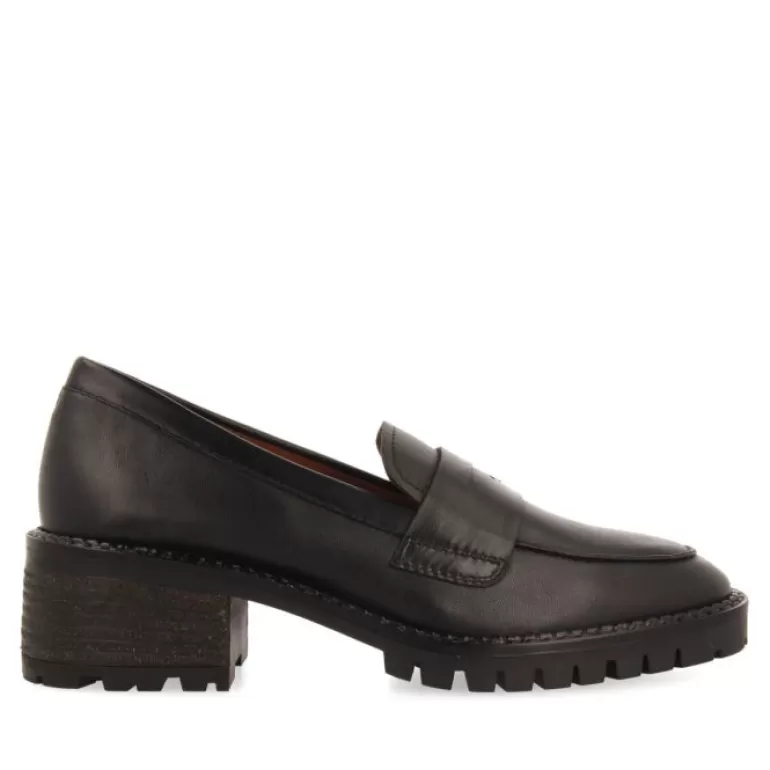 Gioseppo Loafers*Wolsey Women'S Black Leather Moccasins With Track Soles