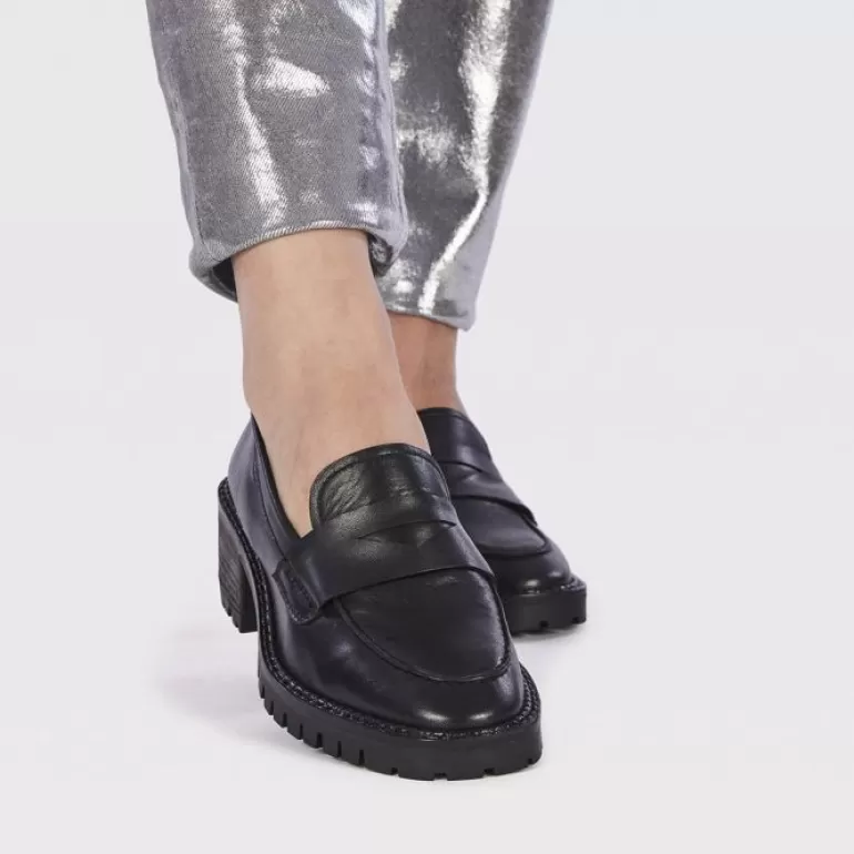 Gioseppo Loafers*Wolsey Women'S Black Leather Moccasins With Track Soles